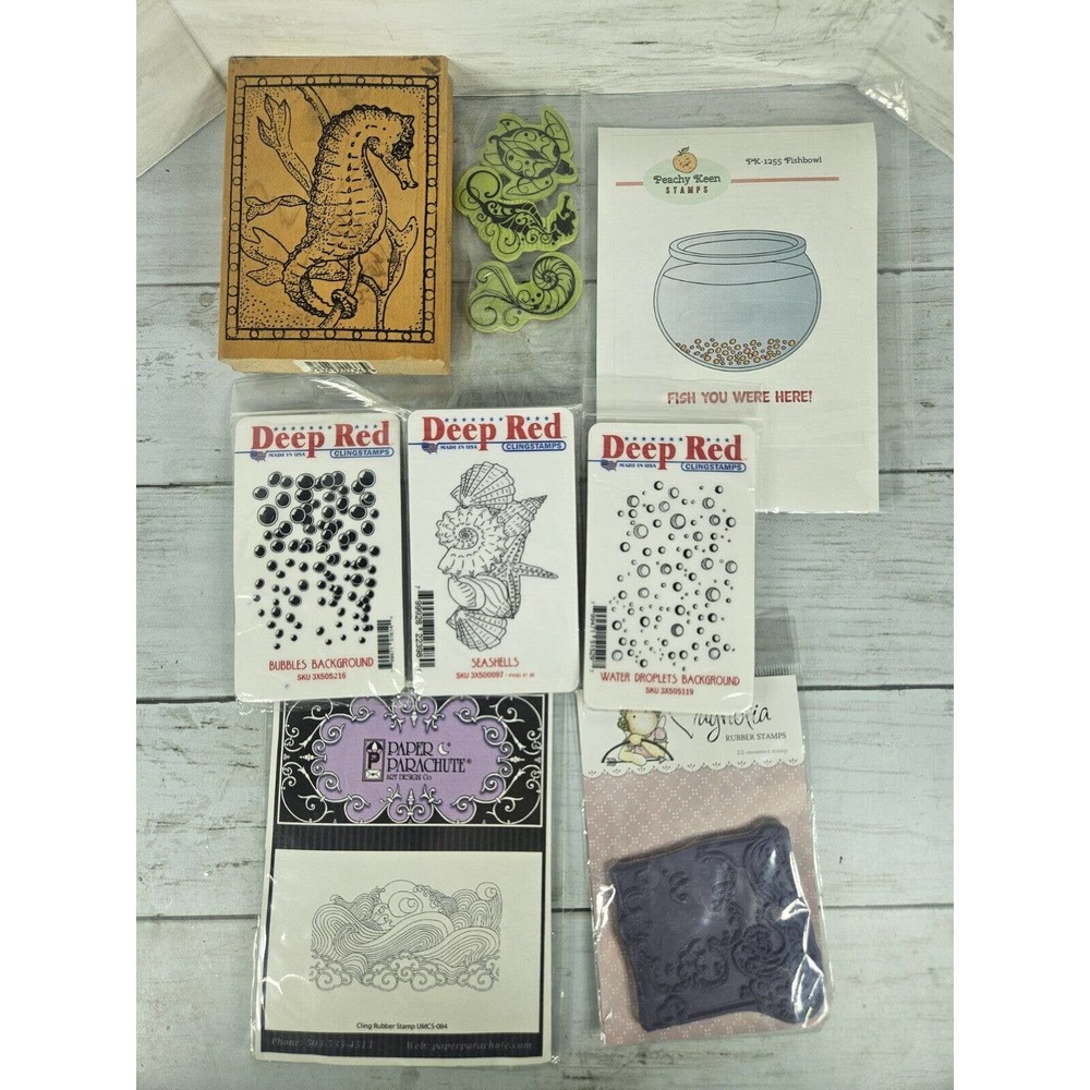 Vintage lot 10 Wood Rubber Mounted and Unmounted stamps Ocean Sea Theme Turtle